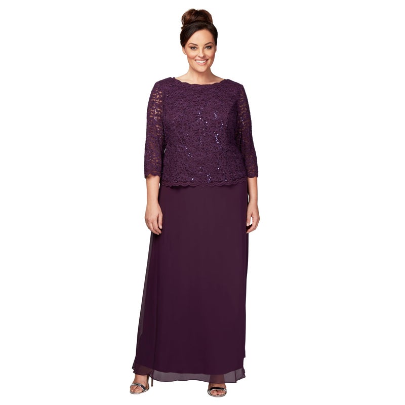 Alex Evenings Women's Plus Size Stretch Lace Bodice Mock One Piece Gown, Deep Plum, 16W - Image 1